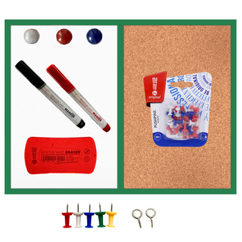 Za sucha stíratelná korková tabule magnetický dřevěný rám zelený 60x40 + špendlíky 30 ks + 2 popisovače + houbička