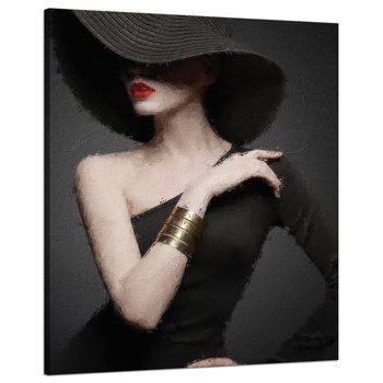 Obraz na plátně Elegant Woman Black Hat Red Lips 80x100 cm