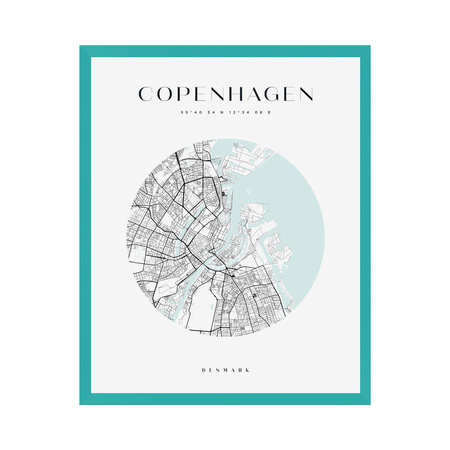 Plakát Mapa města Kodaňský kruh 21X29,7 cm + rám tyrkysové moře