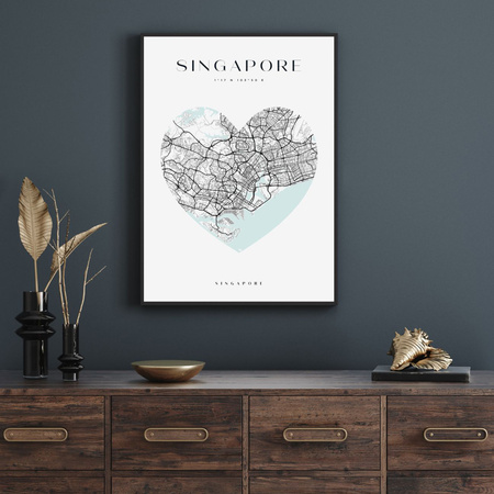 Plakát Mapa města Singapur srdce 24X30 cm + amarantový rám