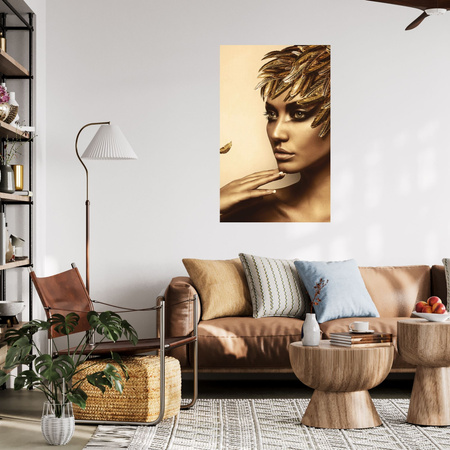 Obraz na plátně Pensive Woman Golden Colors Peří 80x120 cm