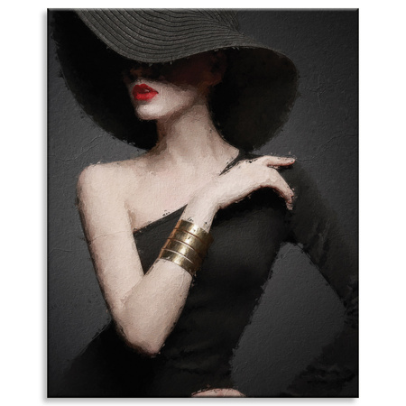 Obraz na plátně Elegant Woman Black Hat Red Lips 80x100 cm