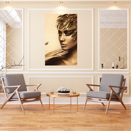 Obraz na plátně Pensive Woman Golden Colors Peří 80x120 cm