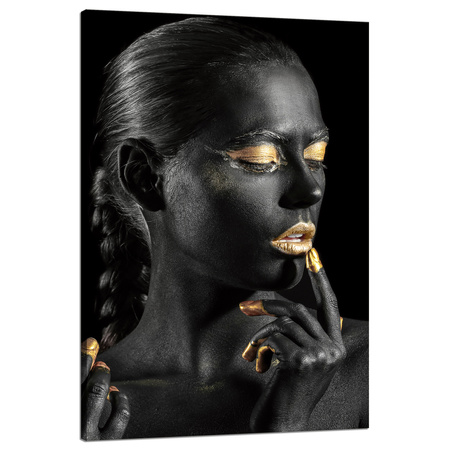 Obraz na plátně Black Woman Golden Lips Eyes Pose 80x120 cm