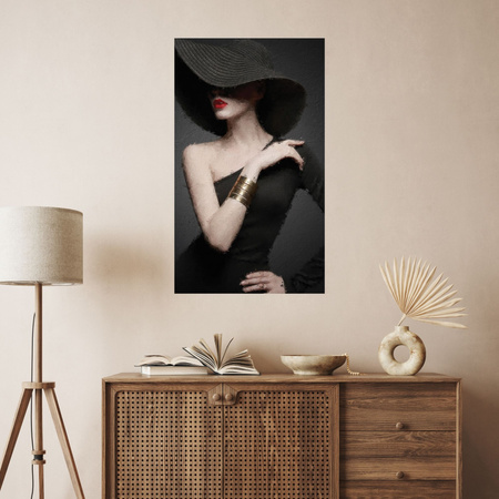 Obraz na plátně Elegant Woman Black Hat Red Lips 80x100 cm